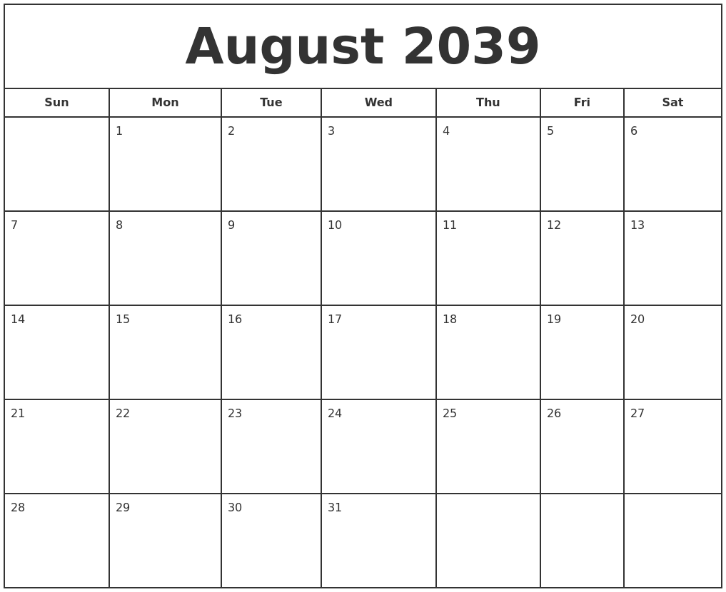 August 2039 Print Free Calendar
