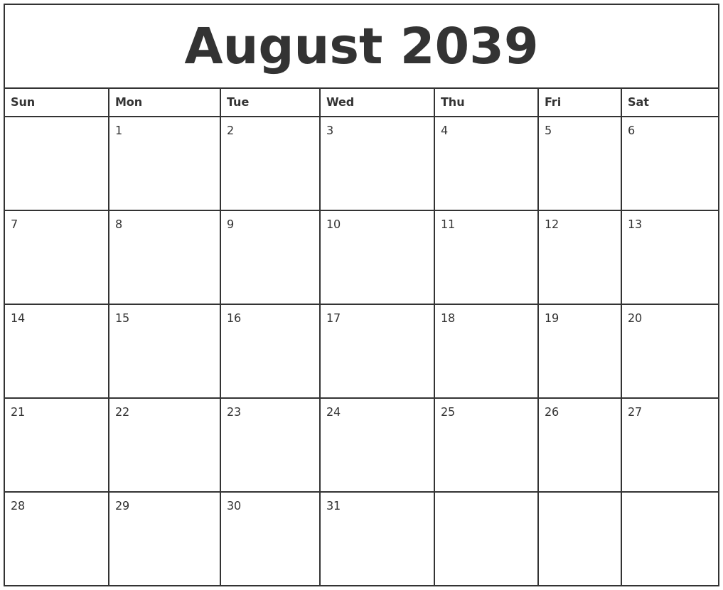 August 2039 Printable Monthly Calendar