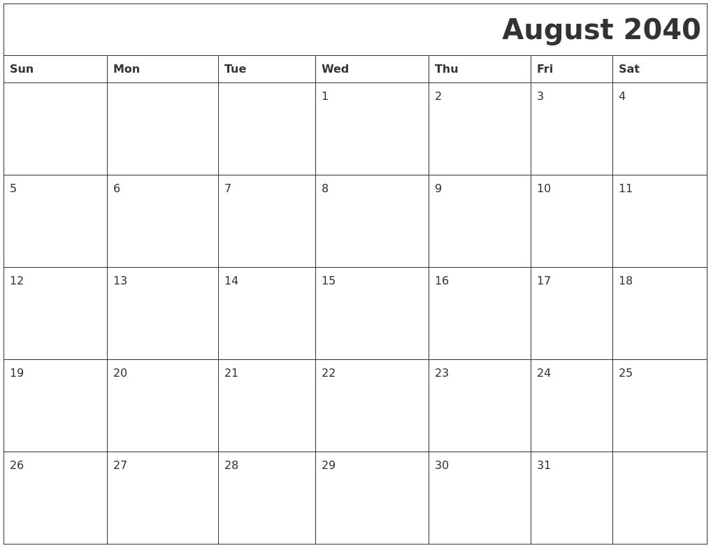 August 2040 Download Calendar