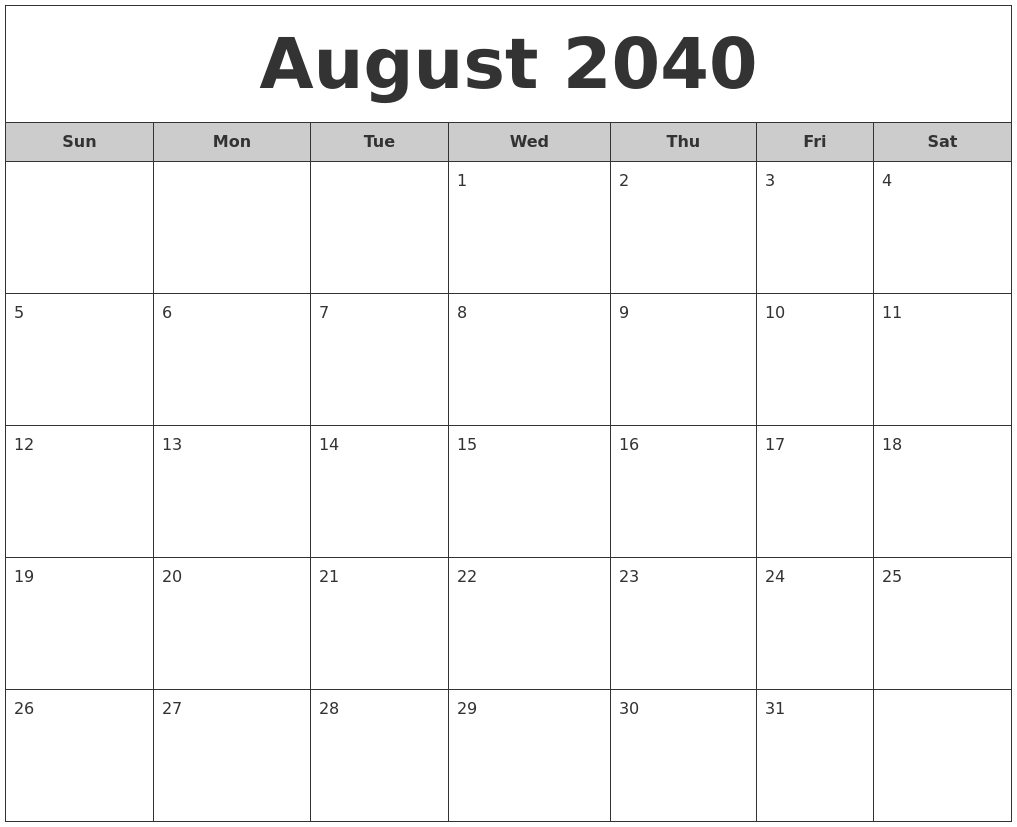 August 2040 Free Monthly Calendar