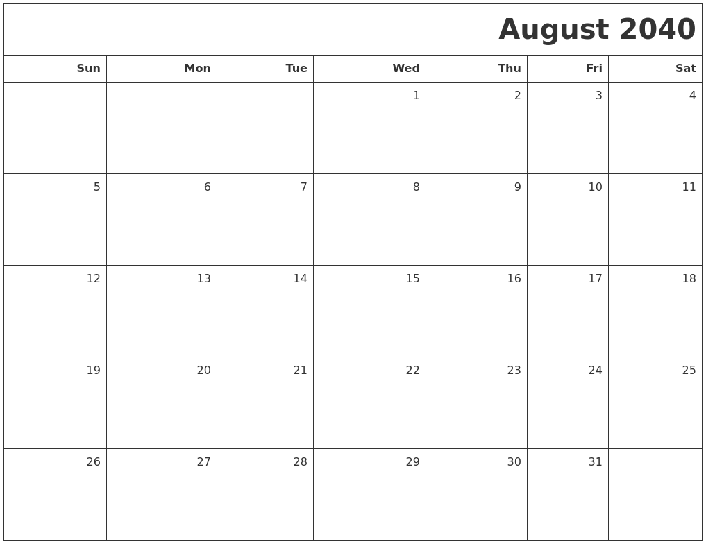 August 2040 Printable Blank Calendar