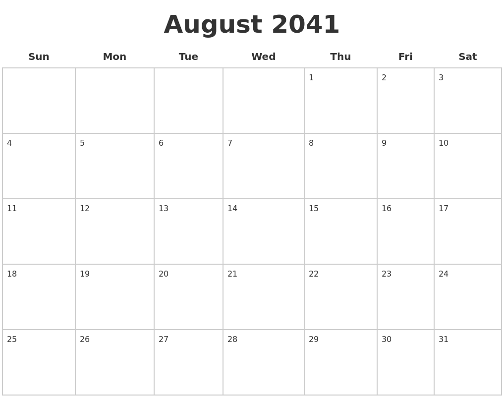 August 2041 Blank Calendar Pages