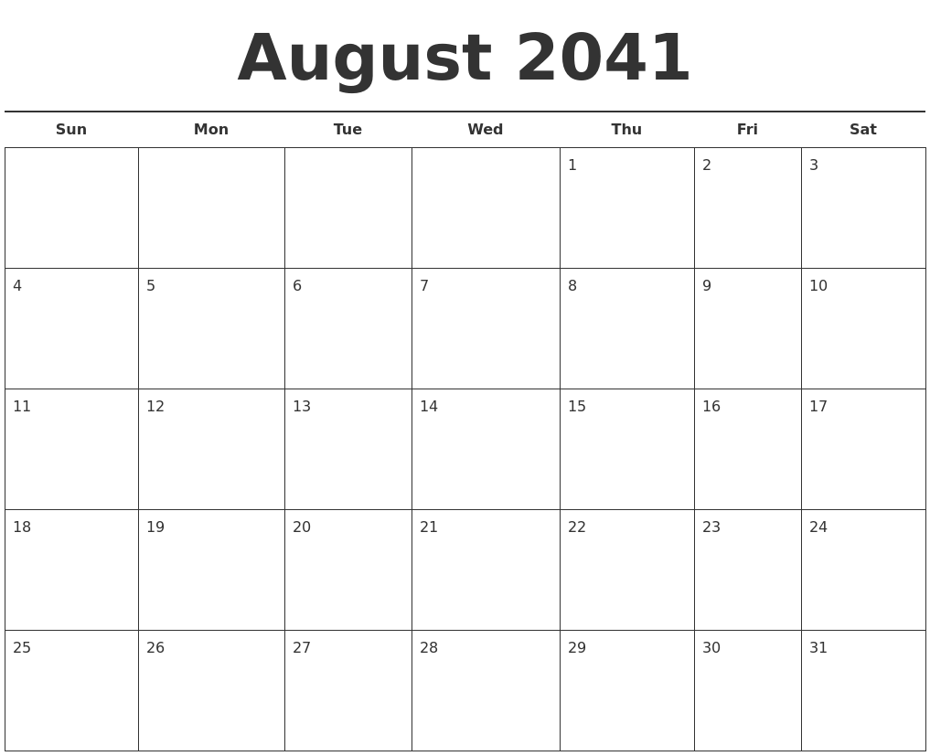 August 2041 Free Calendar Template