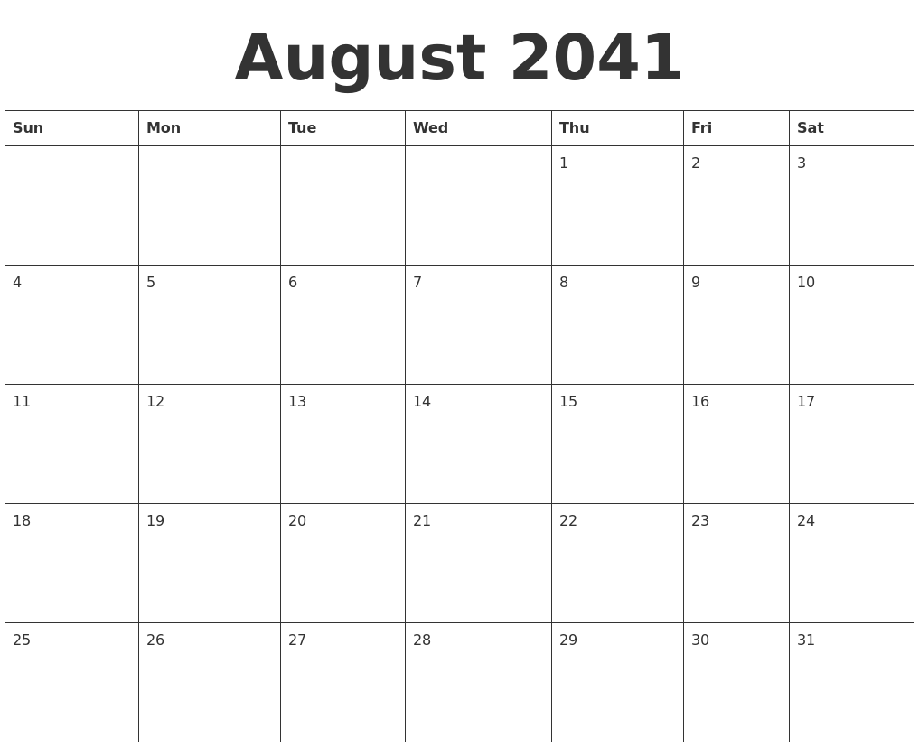 August 2041 Free Monthly Calendar Template