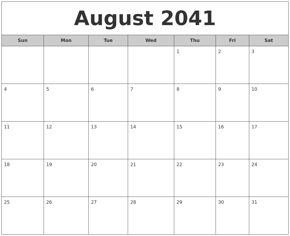 August 2041 Free Monthly Calendar