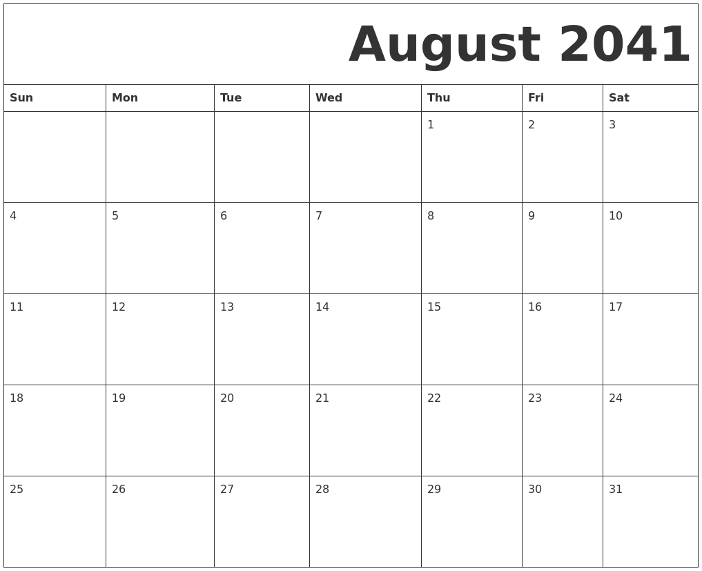 August 2041 Free Printable Calendar
