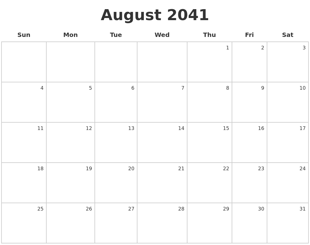August 2041 Make A Calendar