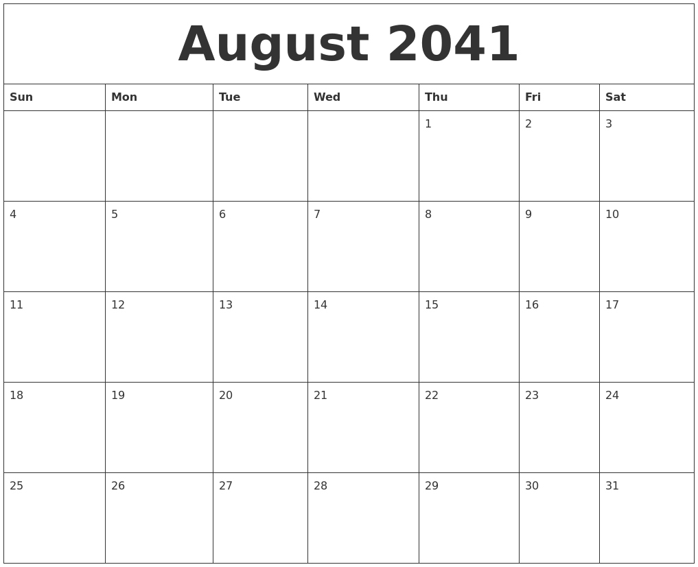 August 2041 Monthly Calendar To Print