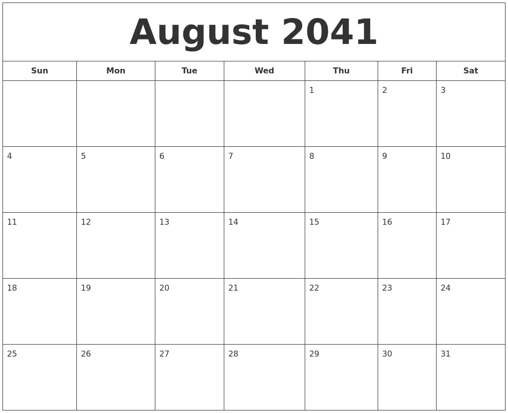 August 2041 Printable Calendar