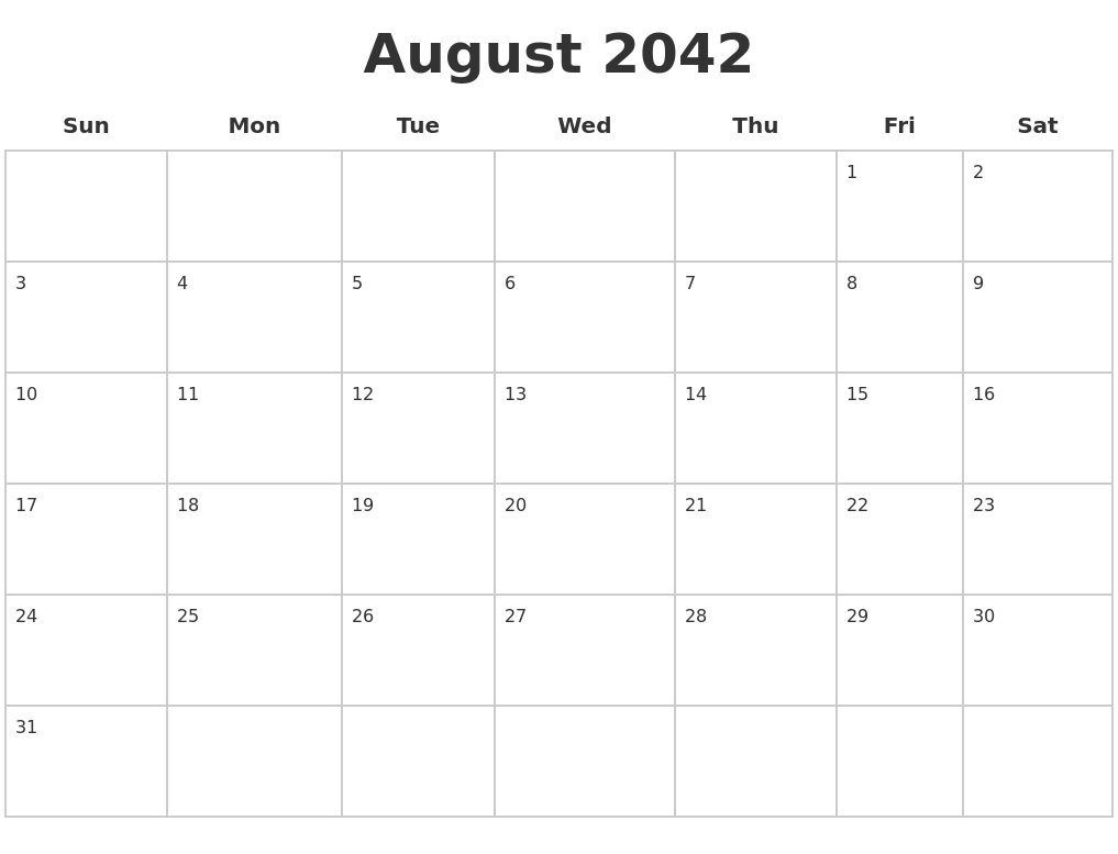 August 2042 Blank Calendar Pages