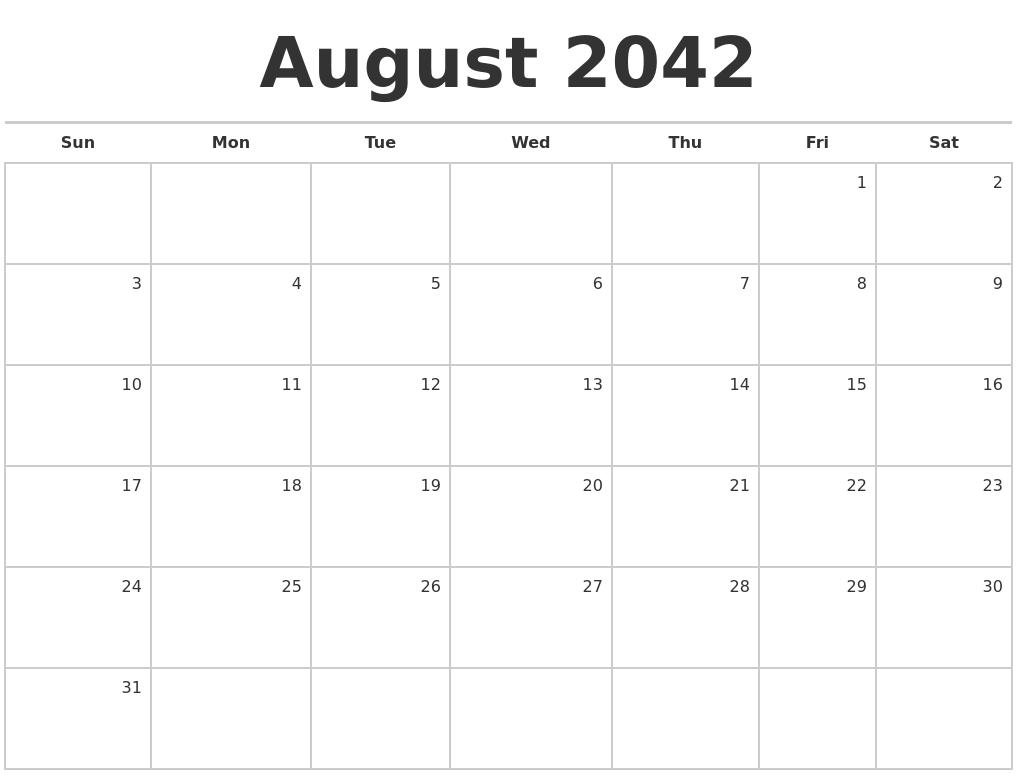 August 2042 Blank Monthly Calendar