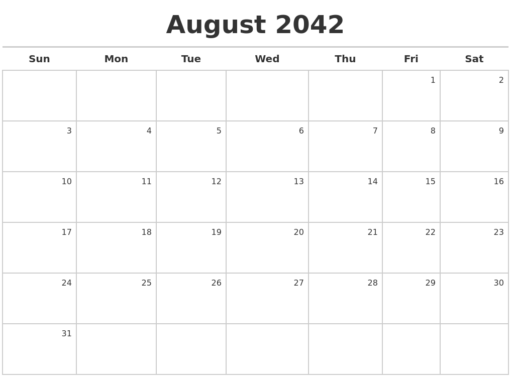 August 2042 Calendar Maker