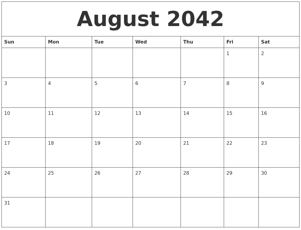 August 2042 Calendar Printable Free