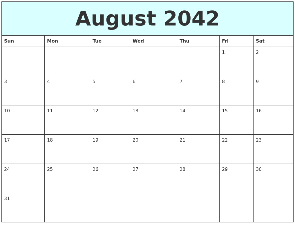 August 2042 Free Calendar