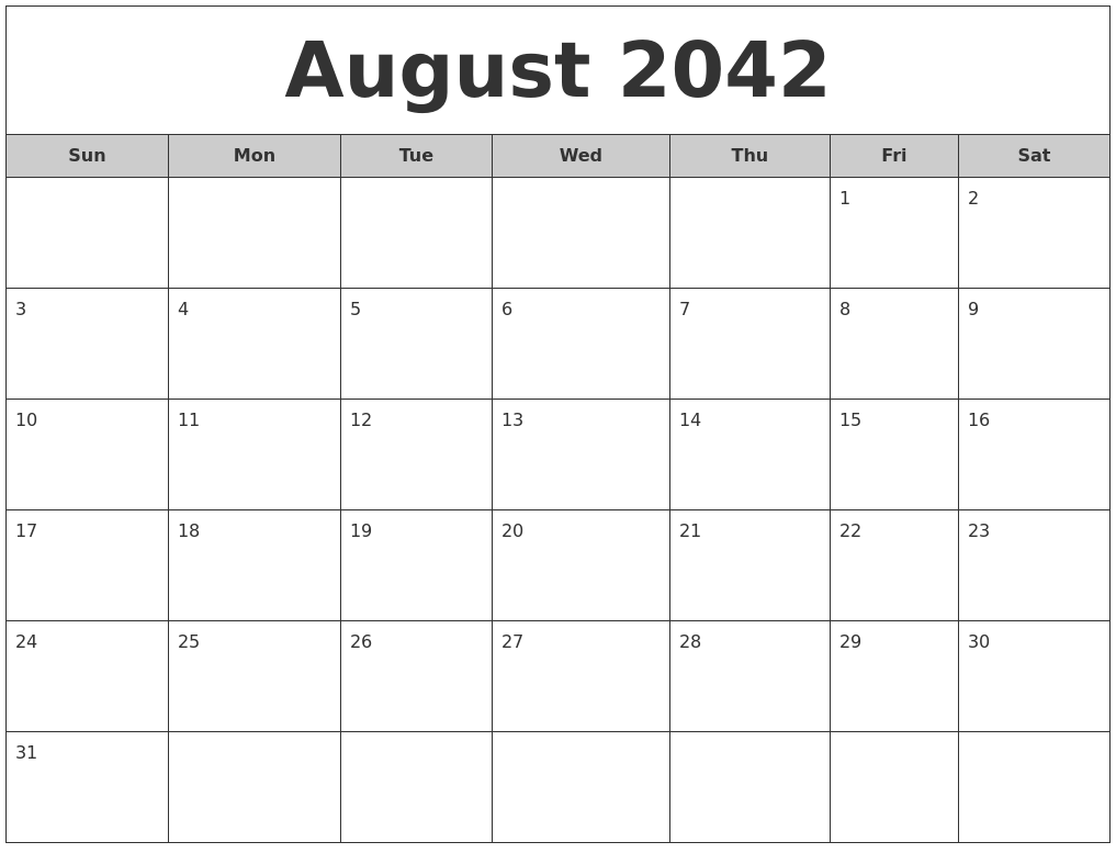 August 2042 Free Monthly Calendar