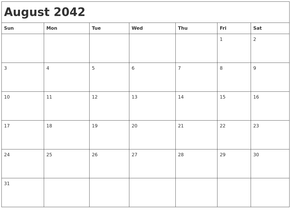 August 2042 Month Calendar