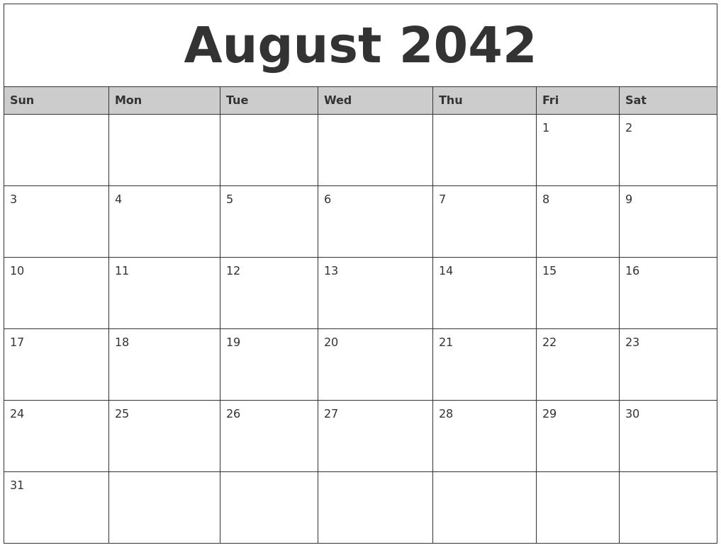 August 2042 Monthly Calendar Printable