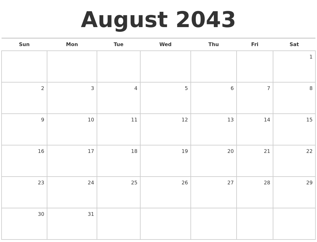 August 2043 Blank Monthly Calendar
