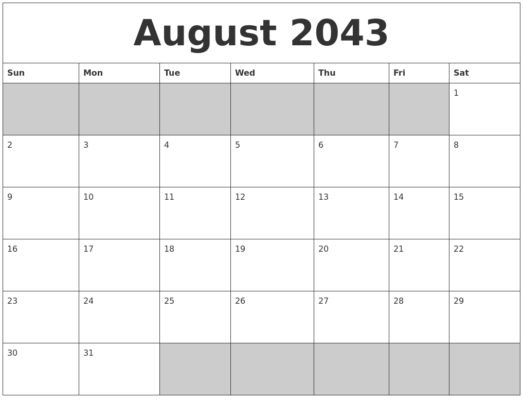 August 2043 Blank Printable Calendar