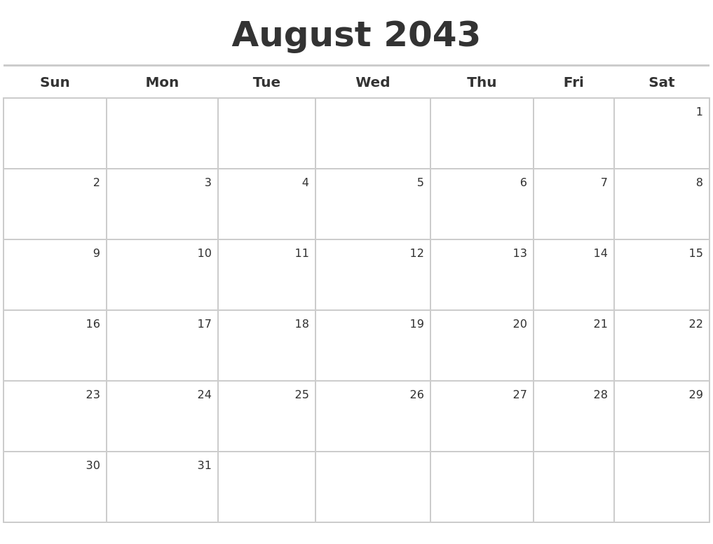 August 2043 Calendar Maker