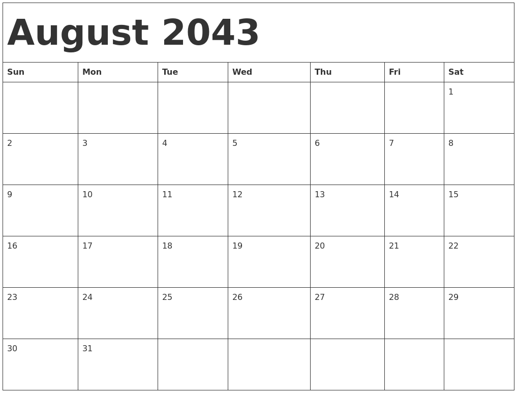 August 2043 Calendar Template