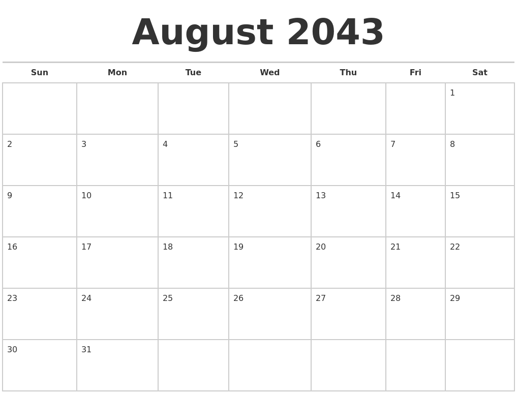 August 2043 Calendars Free