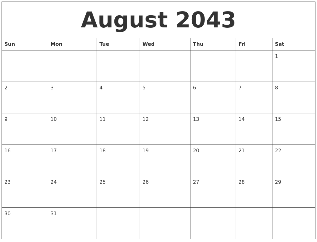 August 2043 Free Monthly Printable Calendar
