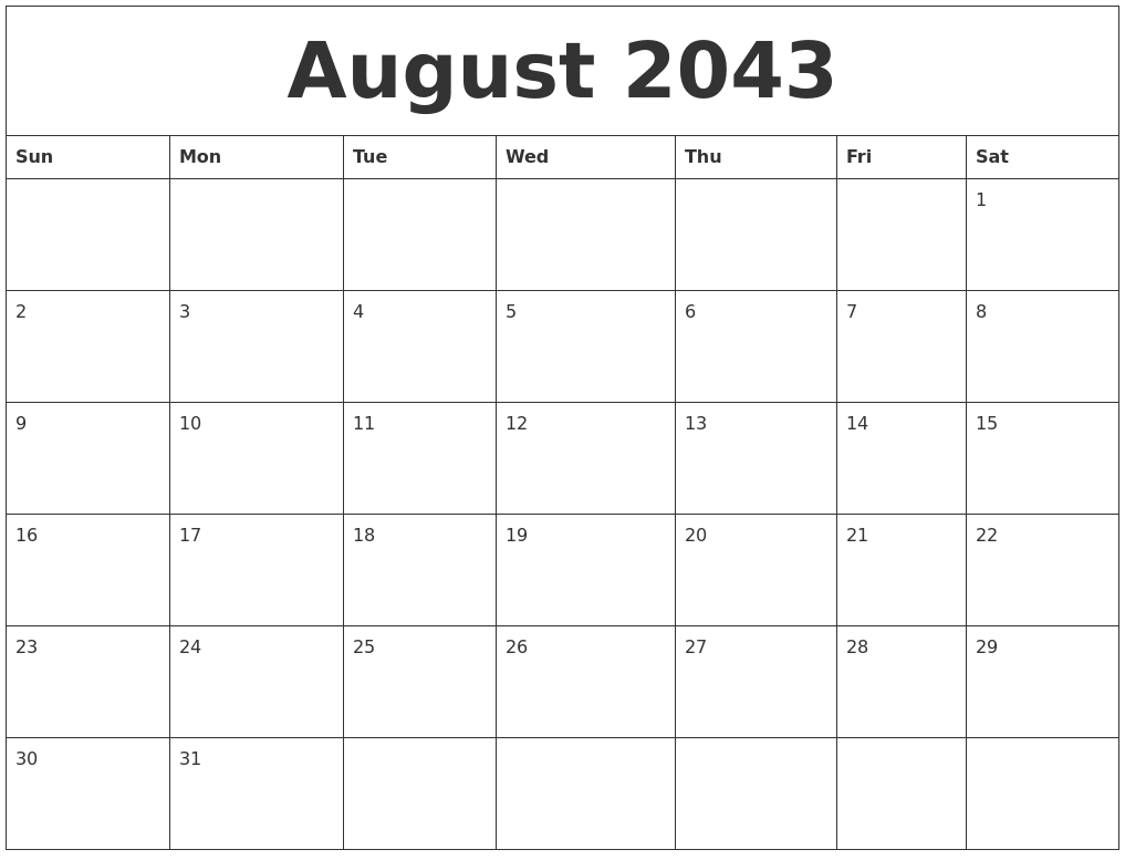 August 2043 Large Printable Calendar