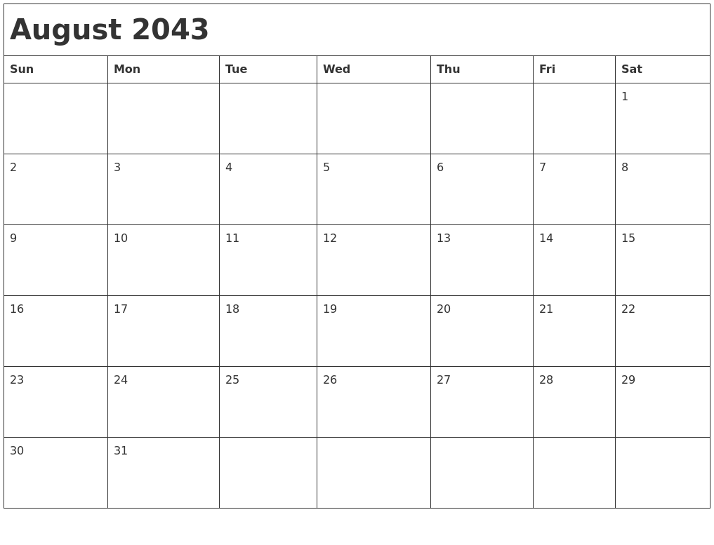 August 2043 Month Calendar