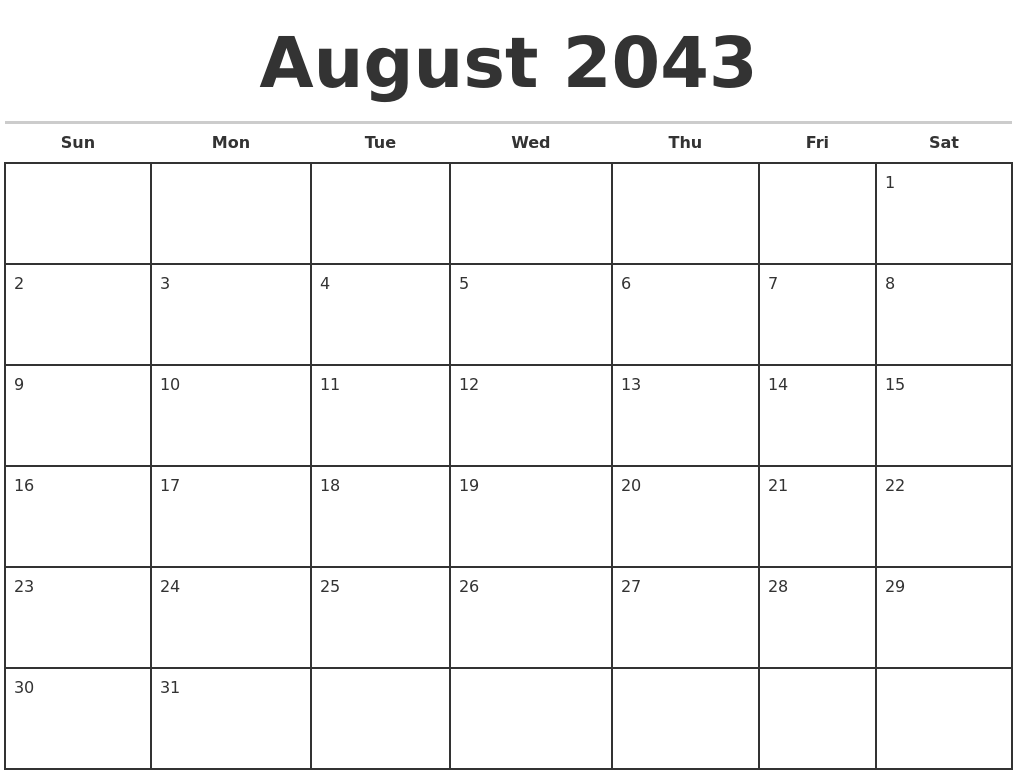 August 2043 Monthly Calendar Template