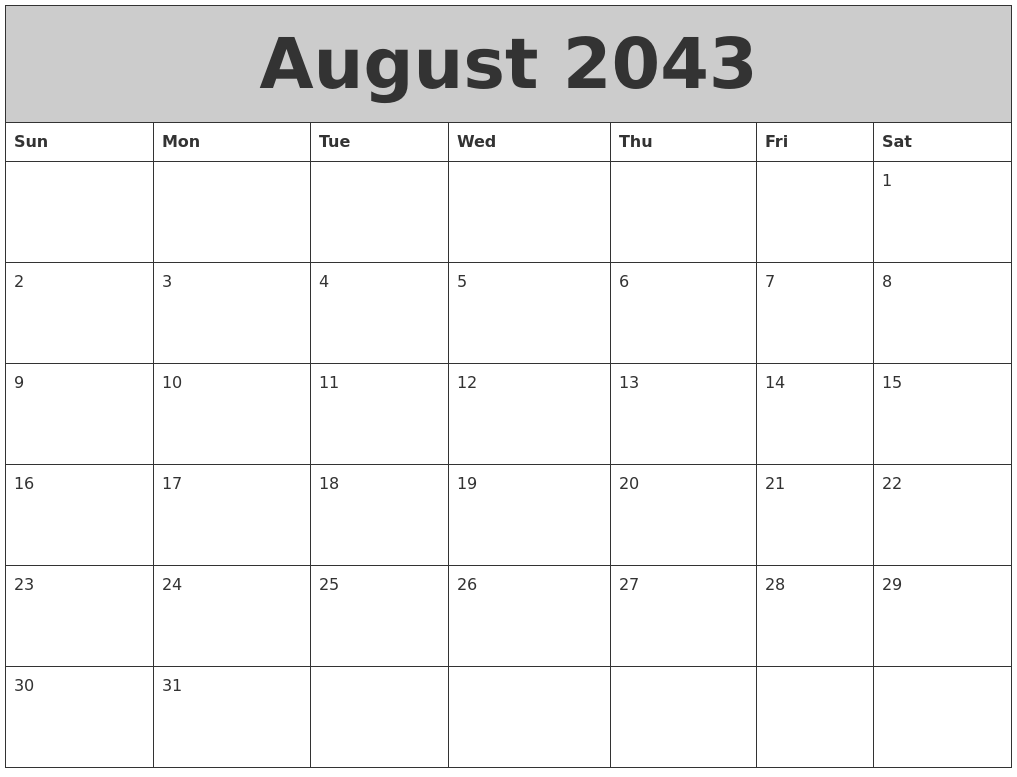 August 2043 My Calendar