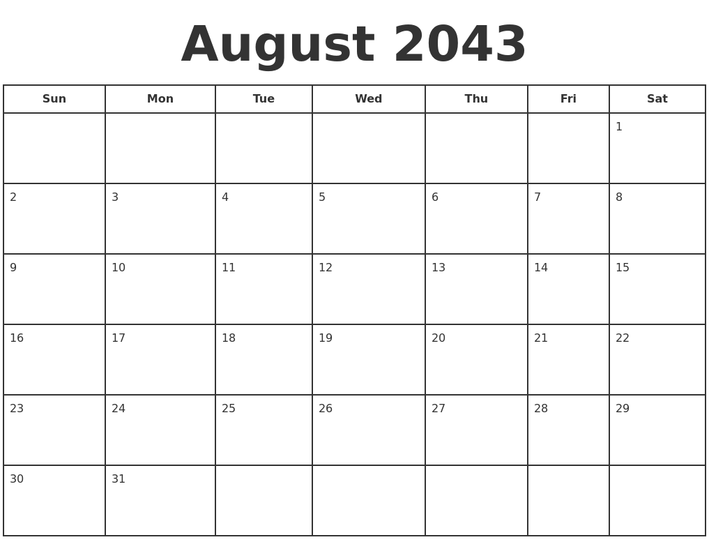 August 2043 Print A Calendar