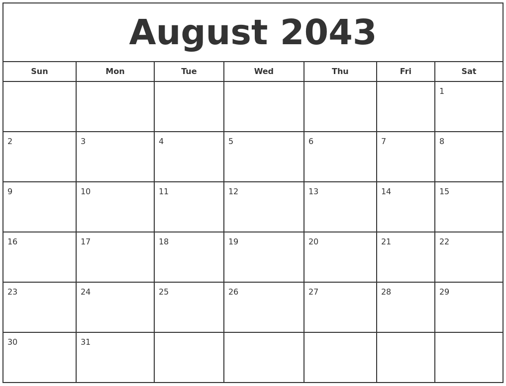 August 2043 Print Free Calendar