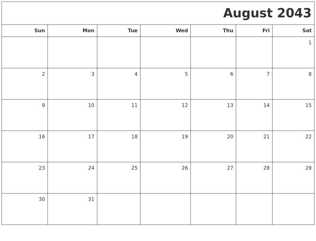 August 2043 Printable Blank Calendar