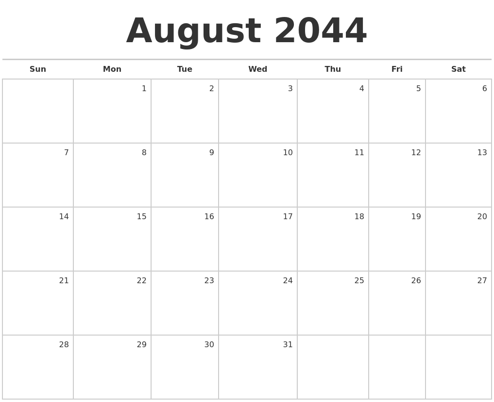 August 2044 Blank Monthly Calendar