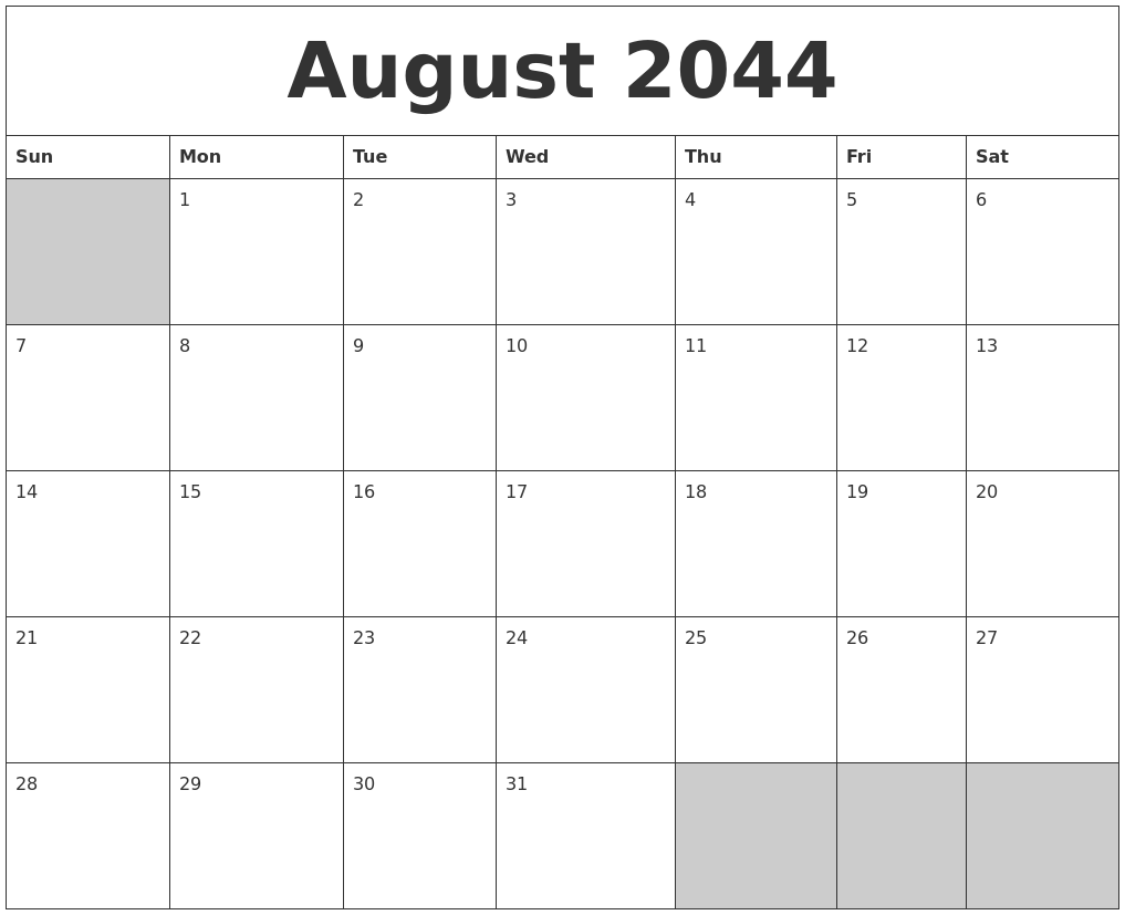 August 2044 Blank Printable Calendar