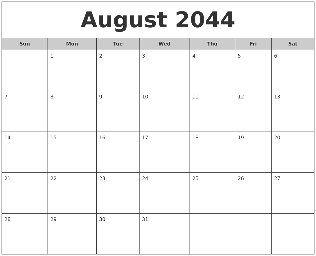 August 2044 Free Monthly Calendar