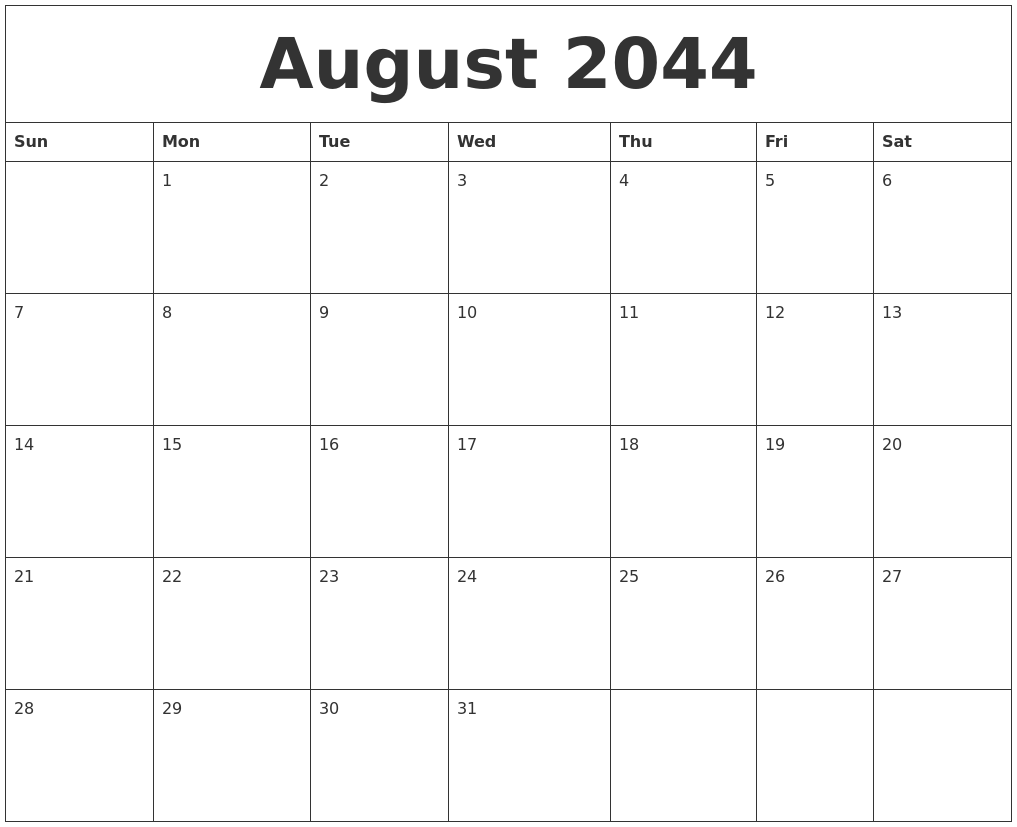 August 2044 Free Weekly Calendar
