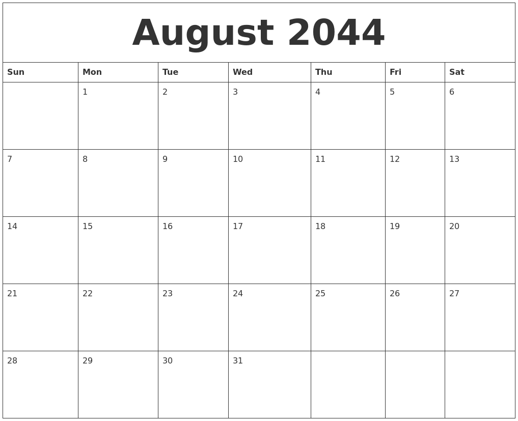 August 2044 Large Printable Calendar