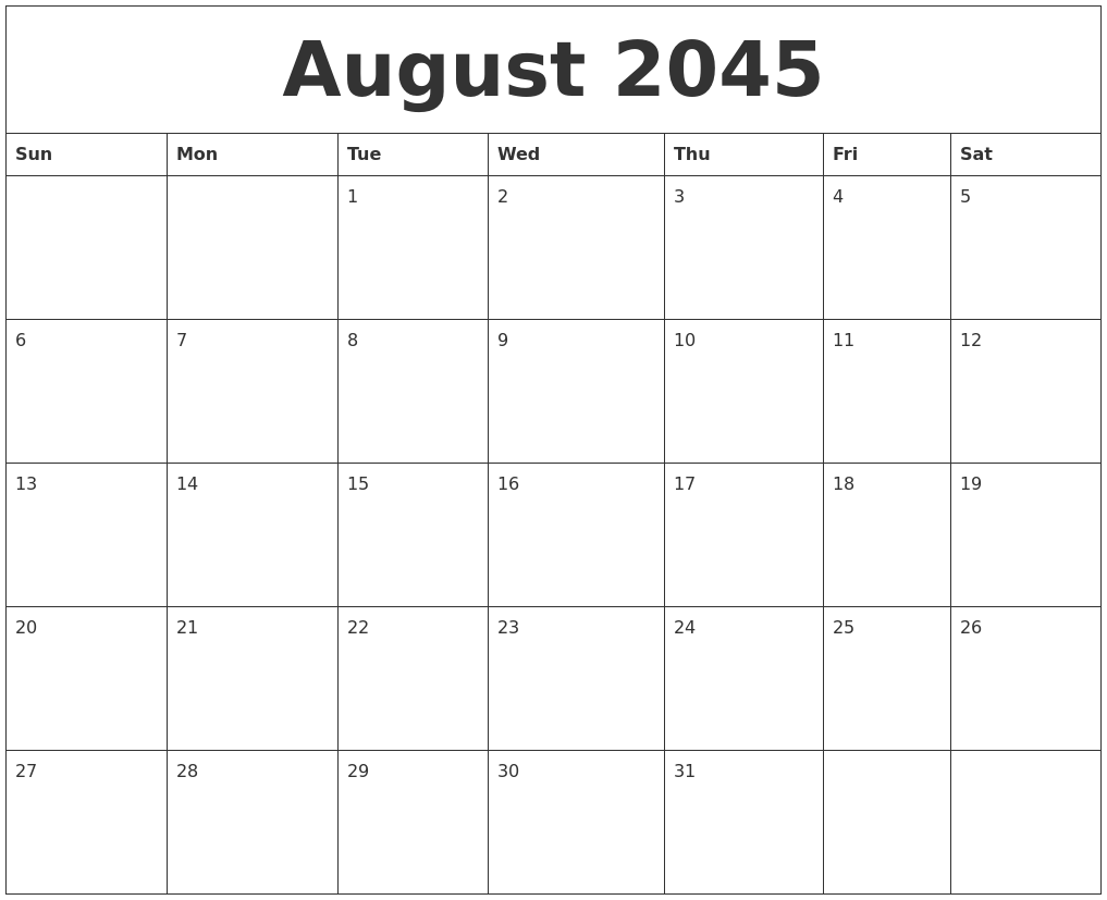 August 2045 Birthday Calendar Template