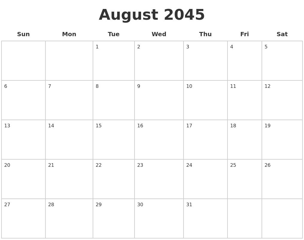 August 2045 Blank Calendar Pages