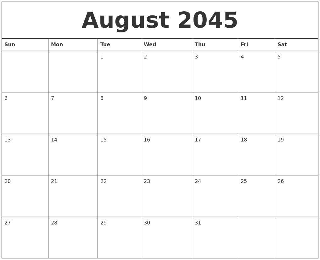 August 2045 Free Monthly Calendar Template