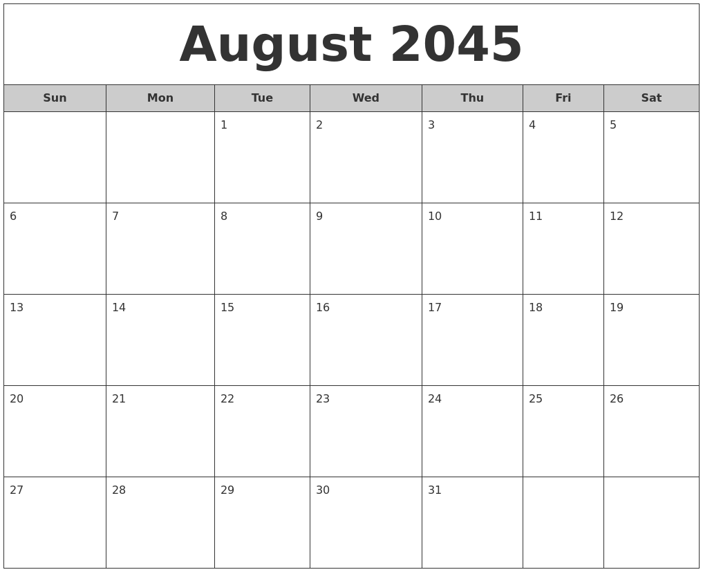 August 2045 Free Monthly Calendar