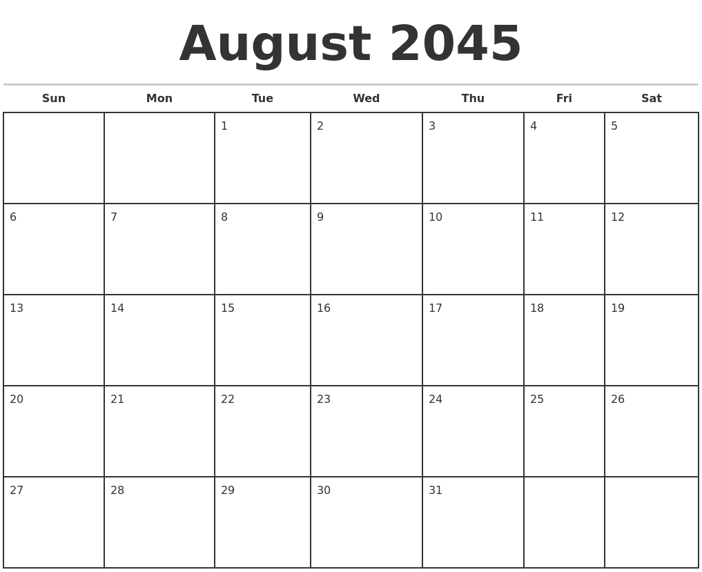 August 2045 Monthly Calendar Template
