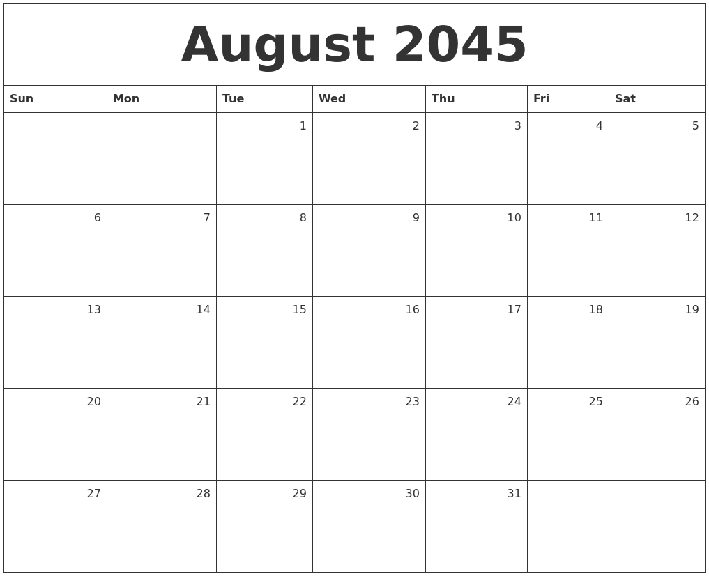 August 2045 Monthly Calendar