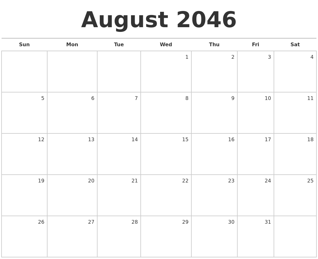 August 2046 Blank Monthly Calendar