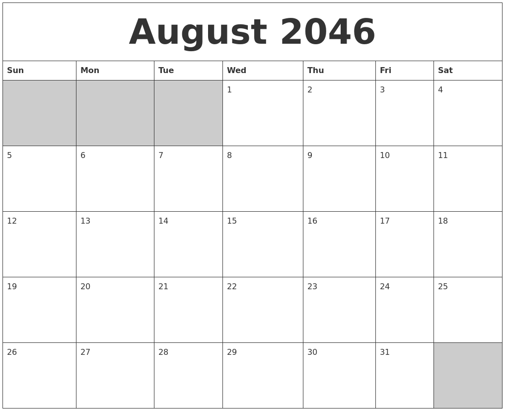 August 2046 Blank Printable Calendar