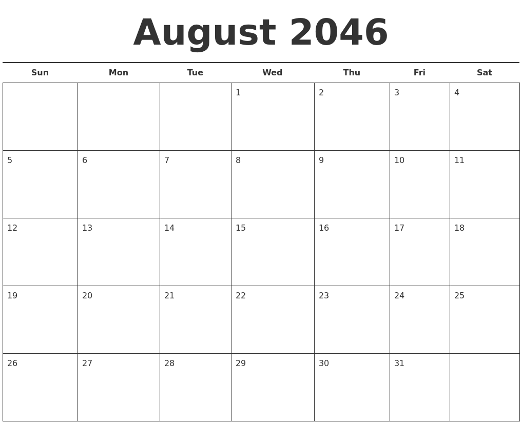 August 2046 Free Calendar Template