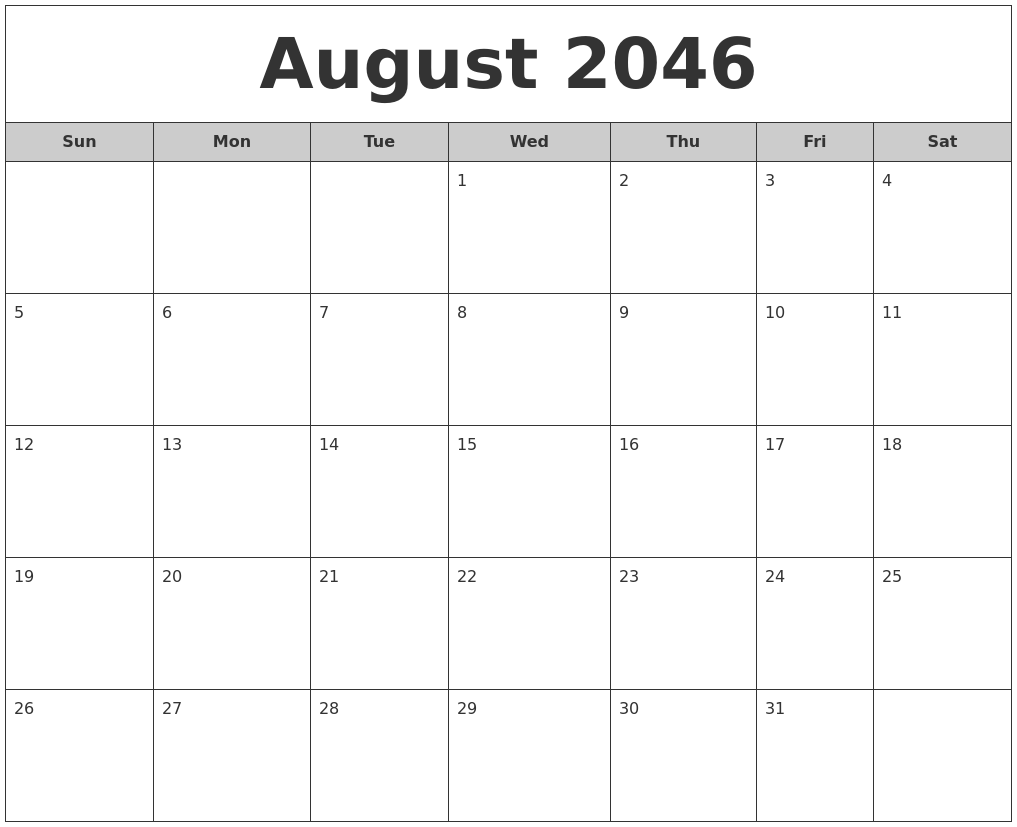 August 2046 Free Monthly Calendar