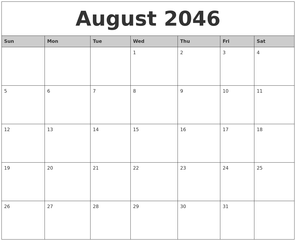 August 2046 Monthly Calendar Printable